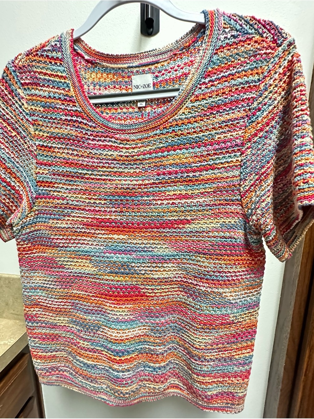 NIC+ZOE Multicolor Striped Knit Short Sleeve Top - Pink, Blue, Orange
